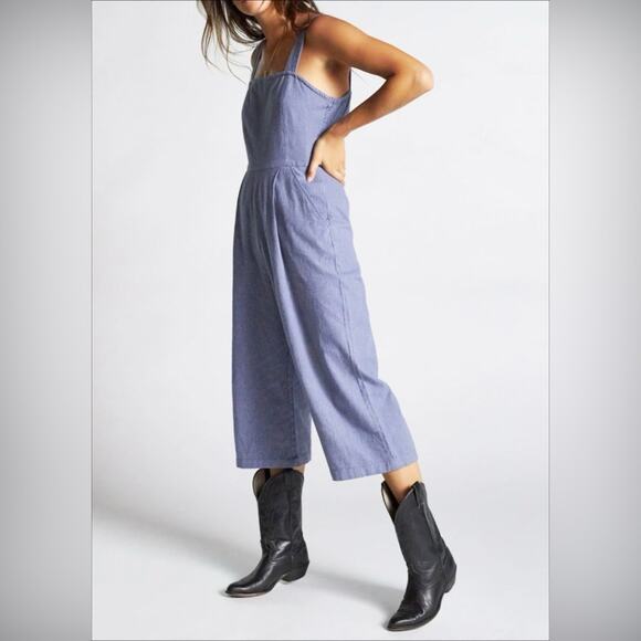 BRIXTON Beatrice Fitted Wide-Leg Jumpsuit in Blue & White Stripes Size S - Picture 1 of 10